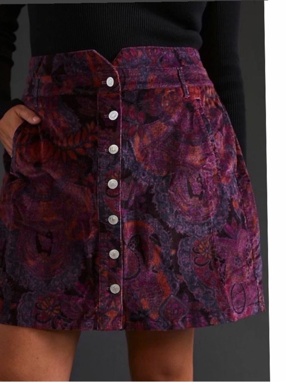 Anthropologie Pilcro corduroy Purple Patterned Button-Front Mini Skirt Sz 4